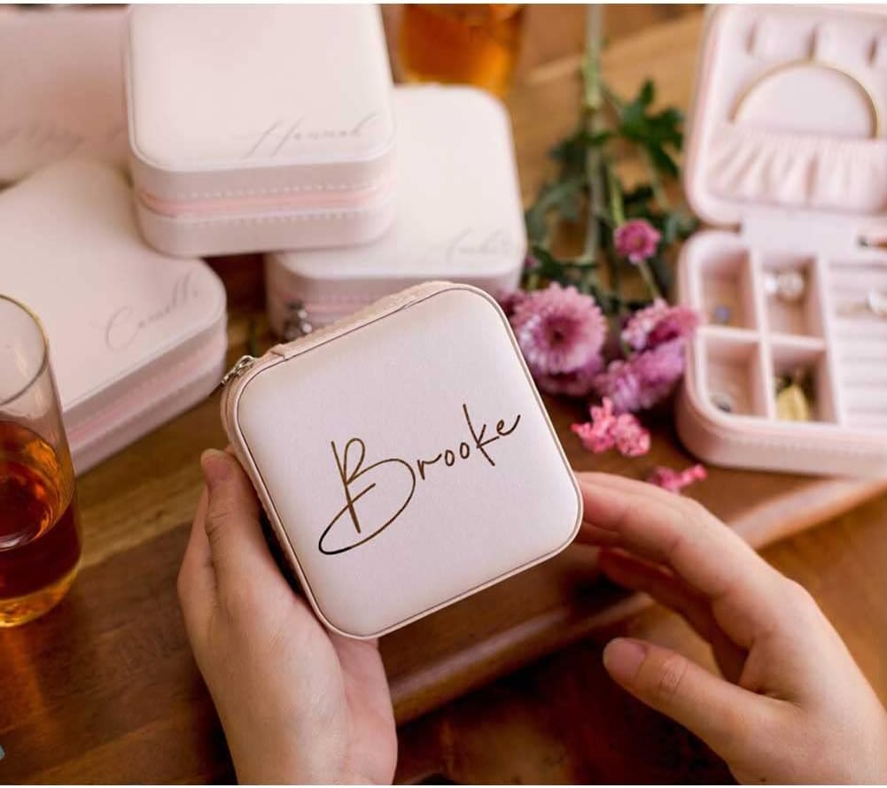 Personalized Travel Jewelry Box with Name and Birth Flower Mothers Day Mom Gifts,Personalized Bridesmaid Gifts for Women Custom Small Travel Jewelry Case