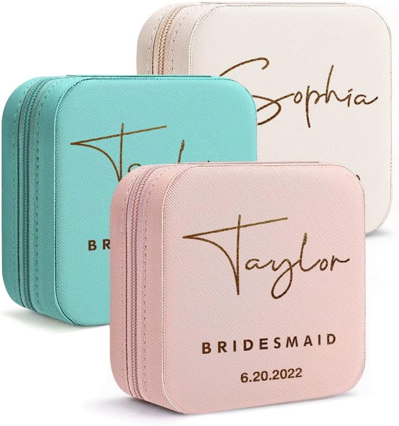 Personalized Travel Jewelry Box with Name and Birth Flower Mothers Day Mom Gifts,Personalized Bridesmaid Gifts for Women Custom Small Travel Jewelry Case