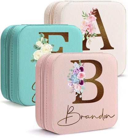 Personalized Travel Jewelry Box with Name and Birth Flower Mothers Day Mom Gifts,Personalized Bridesmaid Gifts for Women Custom Small Travel Jewelry Case