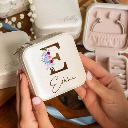 Personalized Travel Jewelry Box with Name and Birth Flower Mothers Day Mom Gifts,Personalized Bridesmaid Gifts for Women Custom Small Travel Jewelry Case