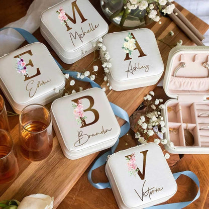 Personalized Travel Jewelry Box with Name and Birth Flower Mothers Day Mom Gifts,Personalized Bridesmaid Gifts for Women Custom Small Travel Jewelry Case