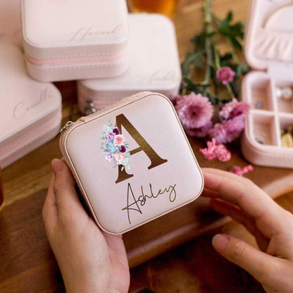 Personalized Travel Jewelry Box with Name and Birth Flower Mothers Day Mom Gifts,Personalized Bridesmaid Gifts for Women Custom Small Travel Jewelry Case