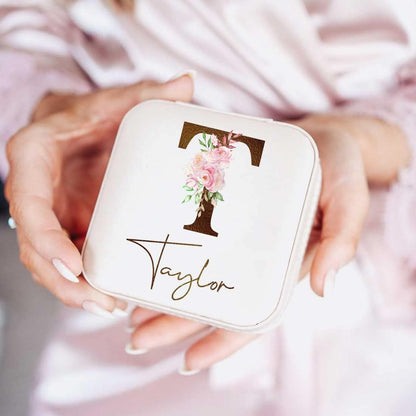 Personalized Travel Jewelry Box with Name and Birth Flower Mothers Day Mom Gifts,Personalized Bridesmaid Gifts for Women Custom Small Travel Jewelry Case