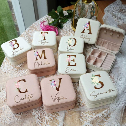 Personalized Travel Jewelry Box with Name and Birth Flower Mothers Day Mom Gifts,Personalized Bridesmaid Gifts for Women Custom Small Travel Jewelry Case