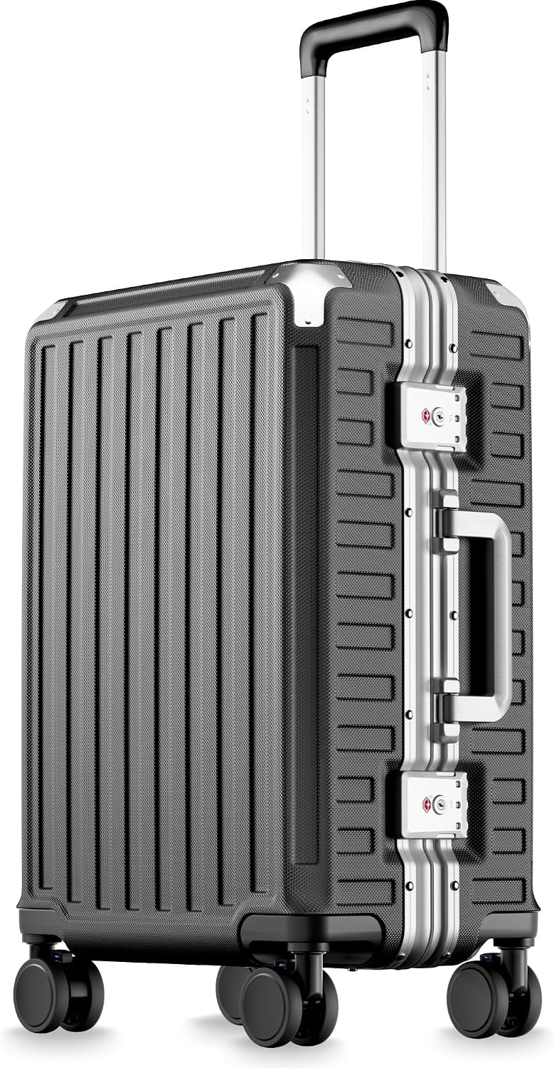 Carry On Luggage with Spinner Wheels, 8010S Aluminum Frame Zipperless Polycarbonate Hard Shell Suitcase (ZX-Core, Charcoal Metallic, 20 Inch)