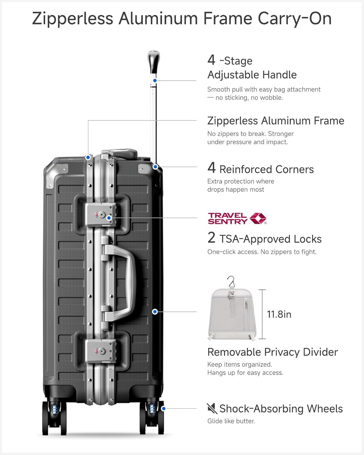 Carry On Luggage with Spinner Wheels, 8010S Aluminum Frame Zipperless Polycarbonate Hard Shell Suitcase (ZX-Core, Charcoal Metallic, 20 Inch)