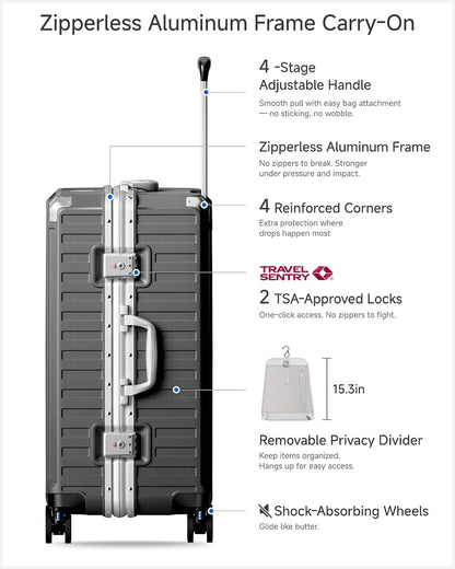Carry On Luggage with Spinner Wheels, 8010S Aluminum Frame Zipperless Polycarbonate Hard Shell Suitcase (ZX-Core, Charcoal Metallic, 20 Inch)