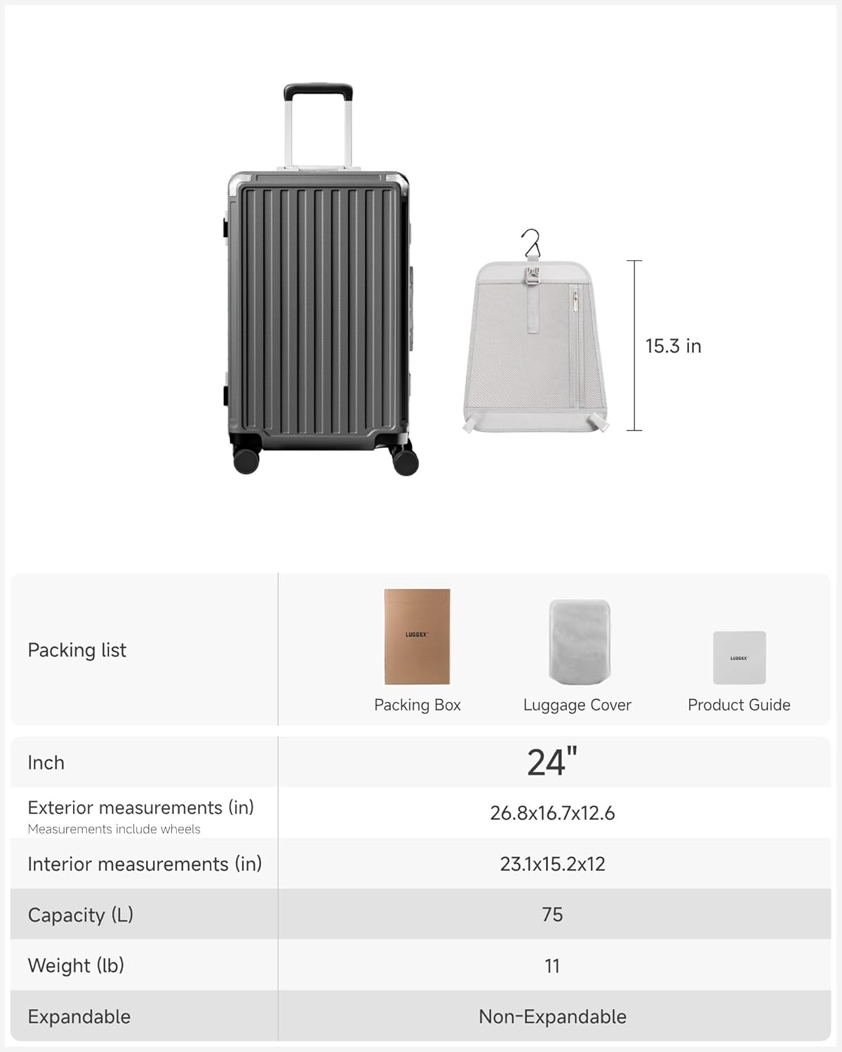 Carry On Luggage with Spinner Wheels, 8010S Aluminum Frame Zipperless Polycarbonate Hard Shell Suitcase (ZX-Core, Charcoal Metallic, 20 Inch)