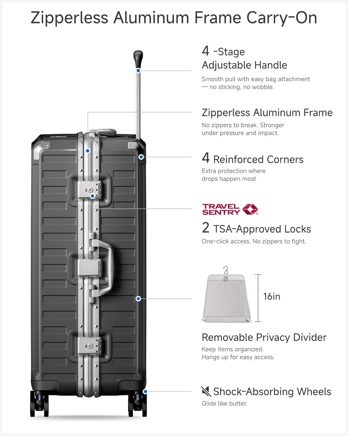 Carry On Luggage with Spinner Wheels, 8010S Aluminum Frame Zipperless Polycarbonate Hard Shell Suitcase (ZX-Core, Charcoal Metallic, 20 Inch)
