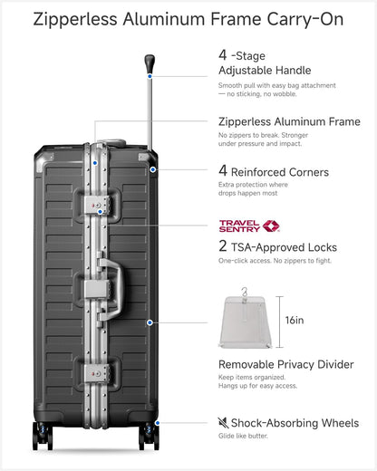 Carry On Luggage with Spinner Wheels, 8010S Aluminum Frame Zipperless Polycarbonate Hard Shell Suitcase (ZX-Core, Charcoal Metallic, 20 Inch)