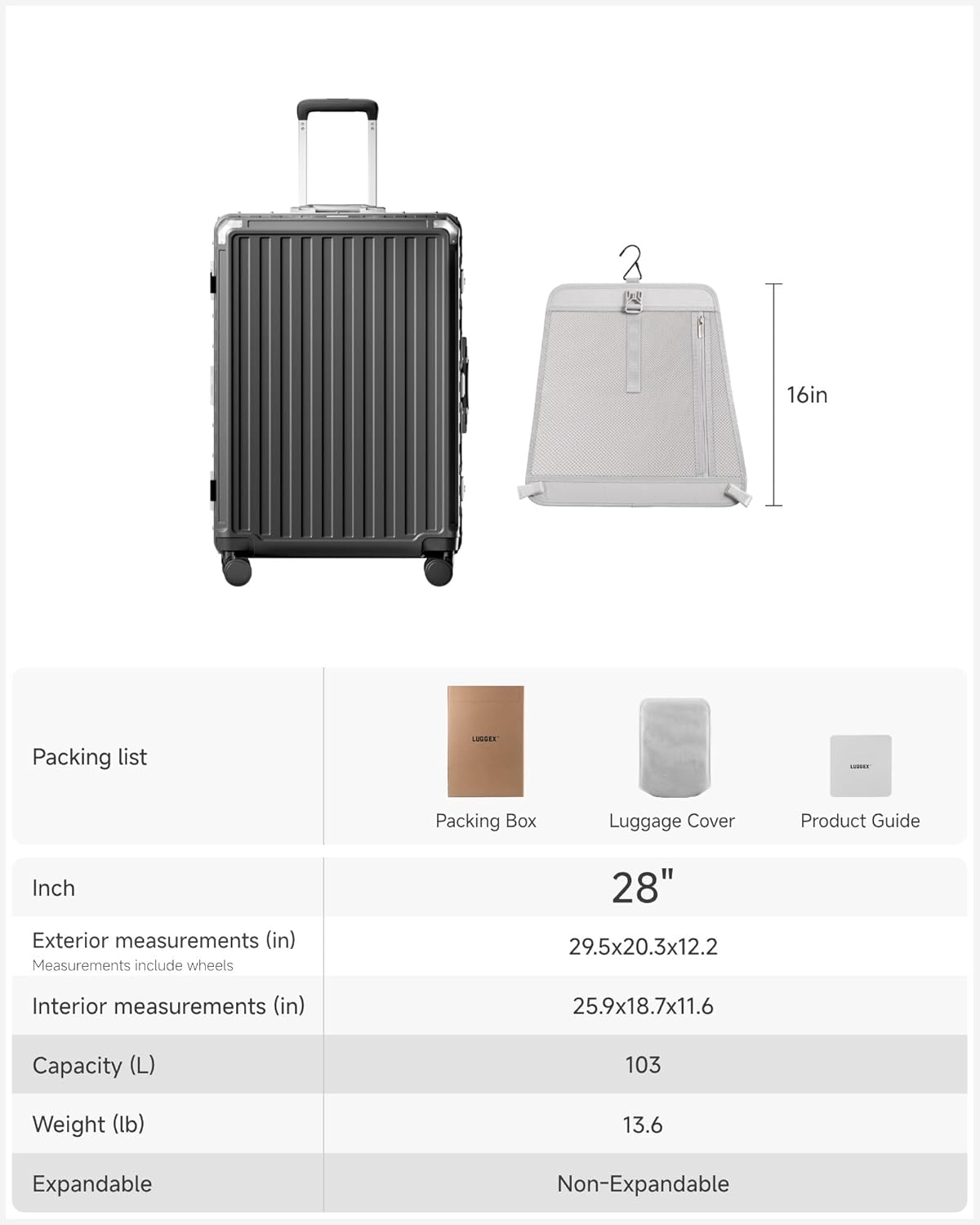 Carry On Luggage with Spinner Wheels, 8010S Aluminum Frame Zipperless Polycarbonate Hard Shell Suitcase (ZX-Core, Charcoal Metallic, 20 Inch)