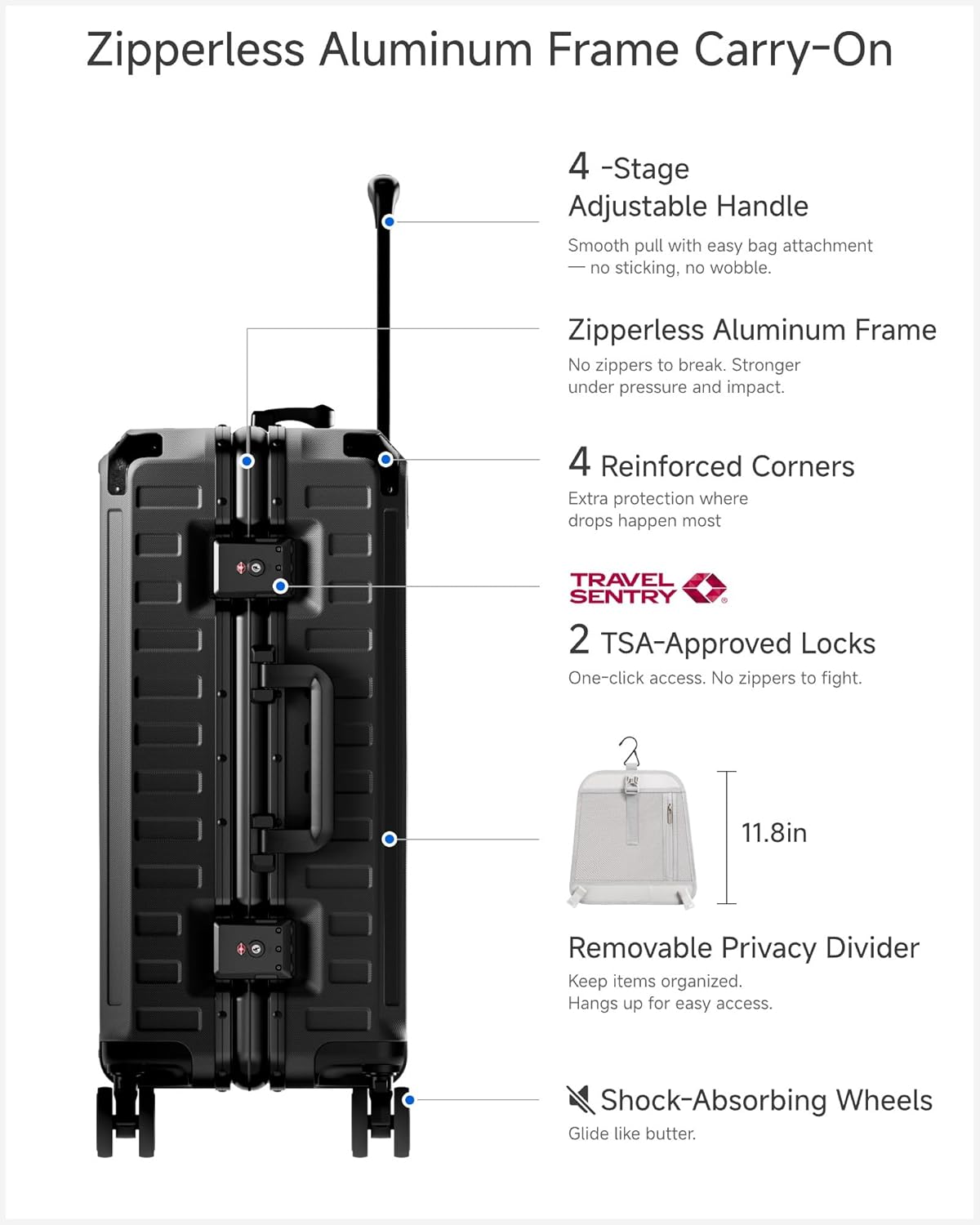 Carry On Luggage with Spinner Wheels, 8010S Aluminum Frame Zipperless Polycarbonate Hard Shell Suitcase (ZX-Core, Charcoal Metallic, 20 Inch)