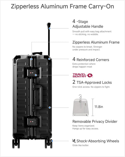 Carry On Luggage with Spinner Wheels, 8010S Aluminum Frame Zipperless Polycarbonate Hard Shell Suitcase (ZX-Core, Charcoal Metallic, 20 Inch)