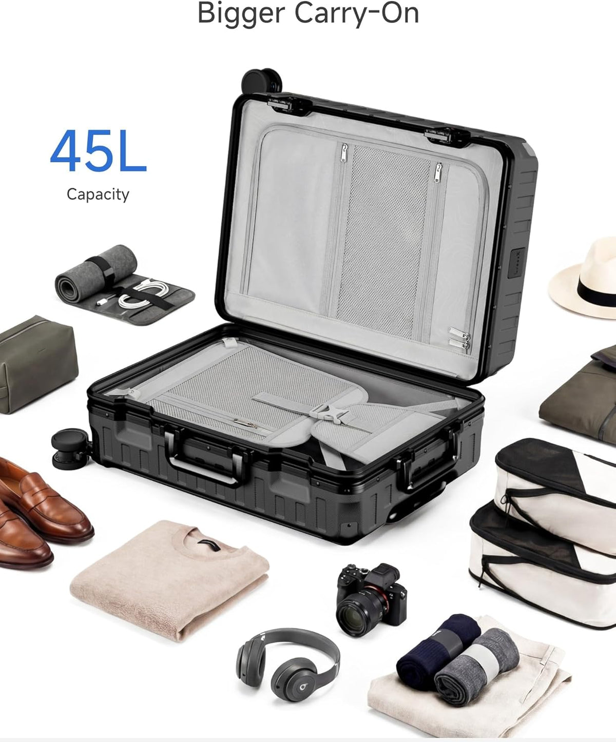 Carry On Luggage with Spinner Wheels, 8010S Aluminum Frame Zipperless Polycarbonate Hard Shell Suitcase (ZX-Core, Charcoal Metallic, 20 Inch)