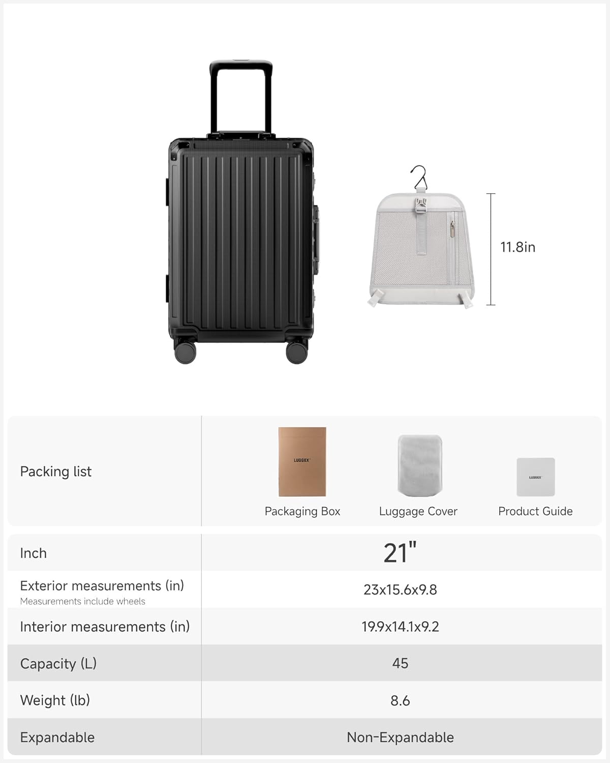 Carry On Luggage with Spinner Wheels, 8010S Aluminum Frame Zipperless Polycarbonate Hard Shell Suitcase (ZX-Core, Charcoal Metallic, 20 Inch)