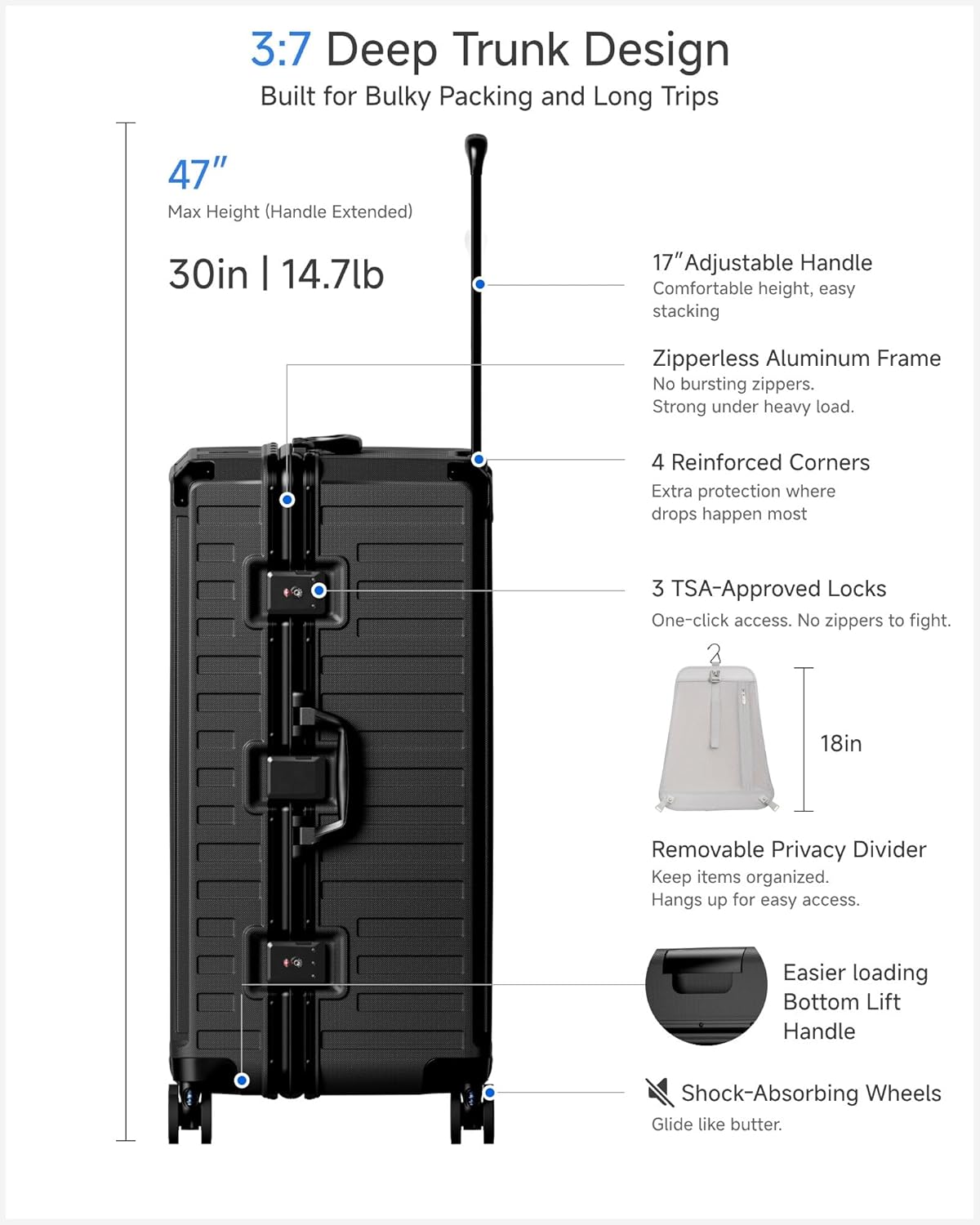Carry On Luggage with Spinner Wheels, 8010S Aluminum Frame Zipperless Polycarbonate Hard Shell Suitcase (ZX-Core, Charcoal Metallic, 20 Inch)