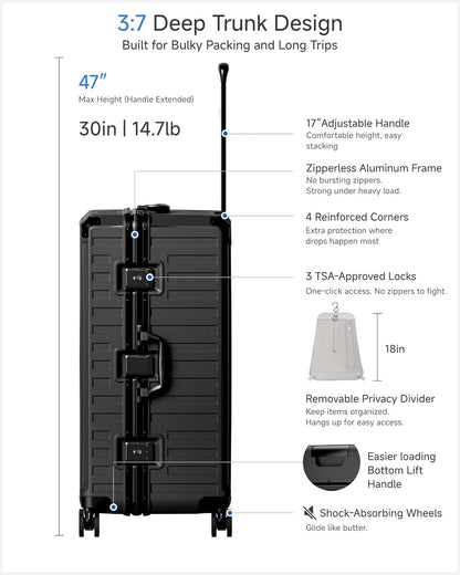 Carry On Luggage with Spinner Wheels, 8010S Aluminum Frame Zipperless Polycarbonate Hard Shell Suitcase (ZX-Core, Charcoal Metallic, 20 Inch)