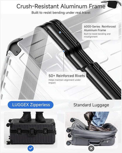 Carry On Luggage with Spinner Wheels, 8010S Aluminum Frame Zipperless Polycarbonate Hard Shell Suitcase (ZX-Core, Charcoal Metallic, 20 Inch)