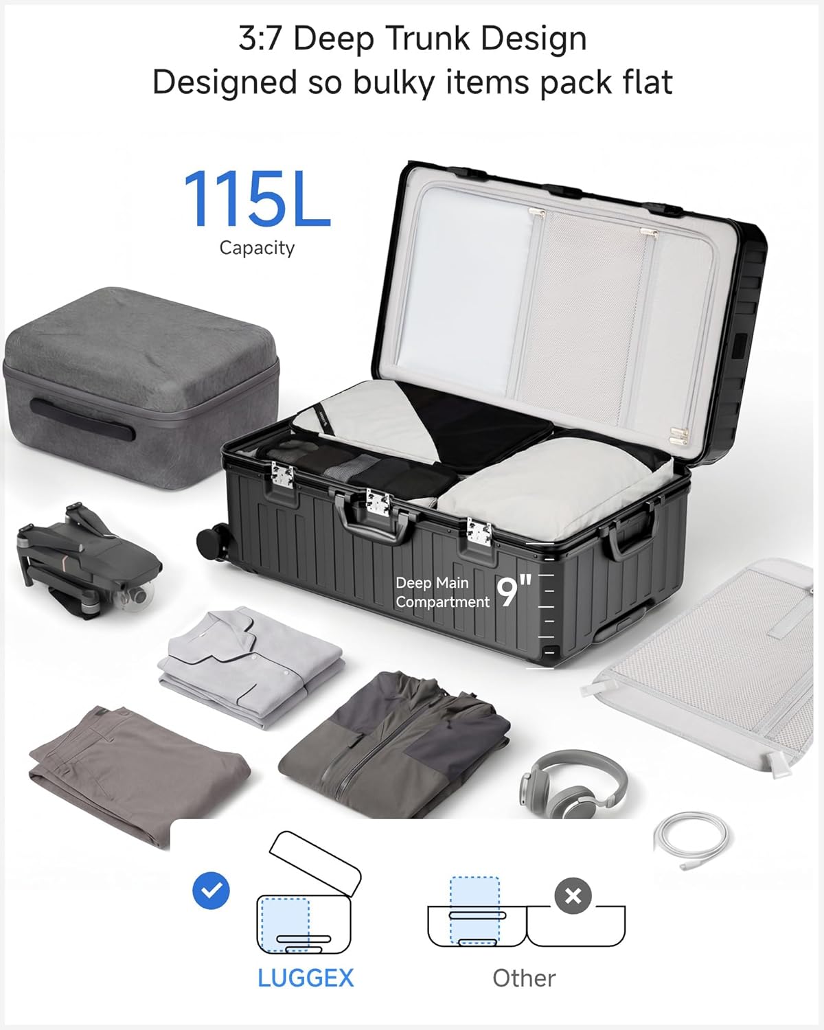 Carry On Luggage with Spinner Wheels, 8010S Aluminum Frame Zipperless Polycarbonate Hard Shell Suitcase (ZX-Core, Charcoal Metallic, 20 Inch)