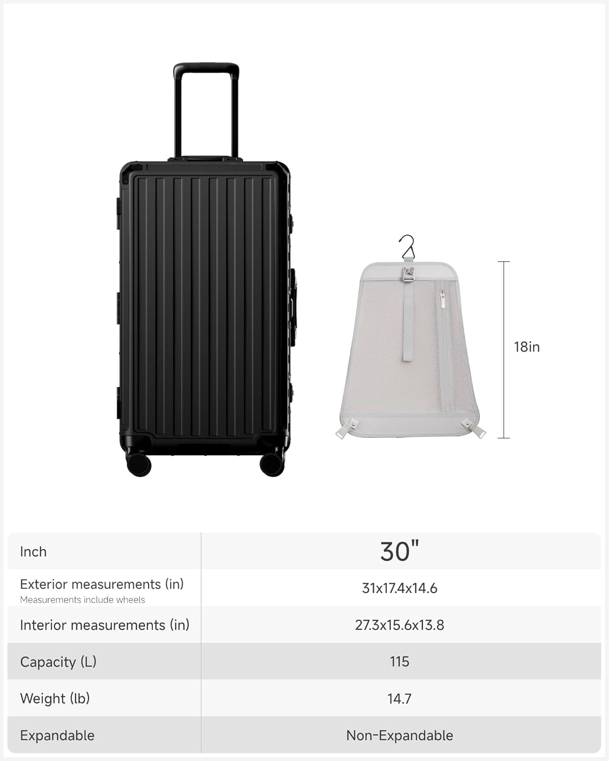 Carry On Luggage with Spinner Wheels, 8010S Aluminum Frame Zipperless Polycarbonate Hard Shell Suitcase (ZX-Core, Charcoal Metallic, 20 Inch)
