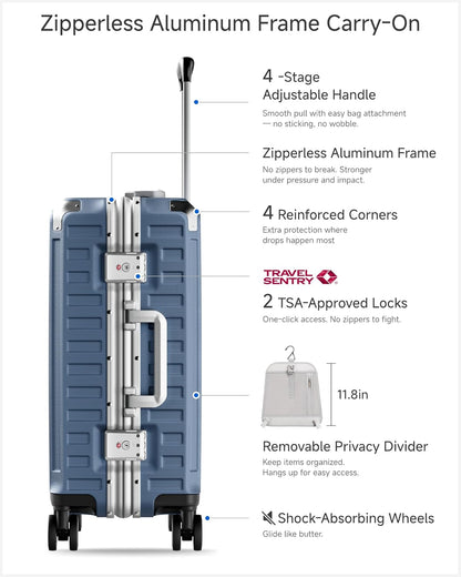 Carry On Luggage with Spinner Wheels, 8010S Aluminum Frame Zipperless Polycarbonate Hard Shell Suitcase (ZX-Core, Charcoal Metallic, 20 Inch)