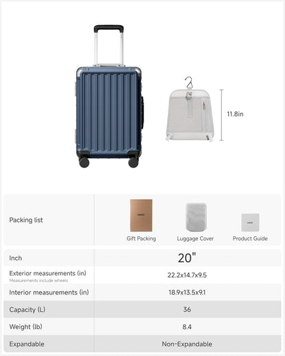 Carry On Luggage with Spinner Wheels, 8010S Aluminum Frame Zipperless Polycarbonate Hard Shell Suitcase (ZX-Core, Charcoal Metallic, 20 Inch)