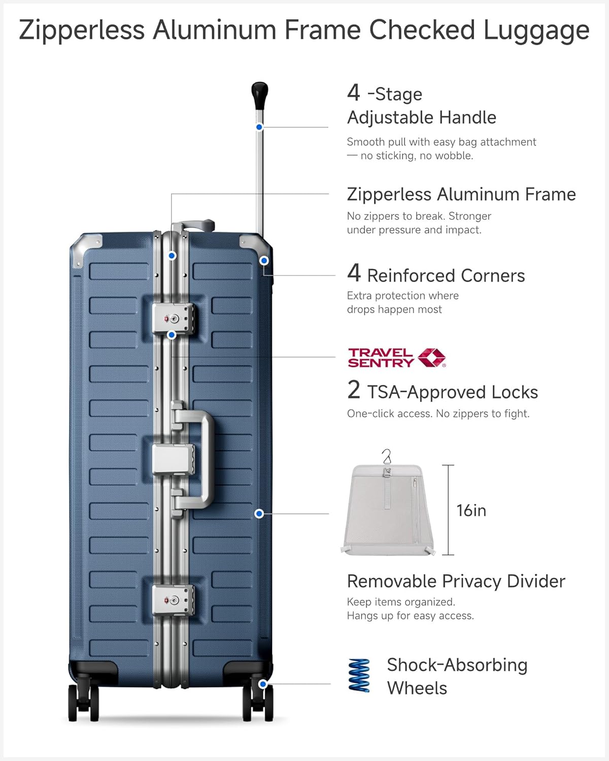 Carry On Luggage with Spinner Wheels, 8010S Aluminum Frame Zipperless Polycarbonate Hard Shell Suitcase (ZX-Core, Charcoal Metallic, 20 Inch)