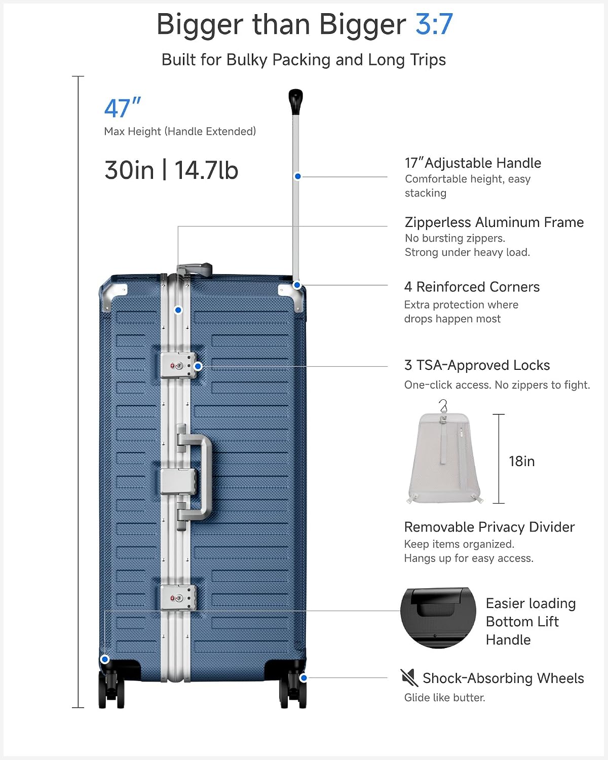 Carry On Luggage with Spinner Wheels, 8010S Aluminum Frame Zipperless Polycarbonate Hard Shell Suitcase (ZX-Core, Charcoal Metallic, 20 Inch)