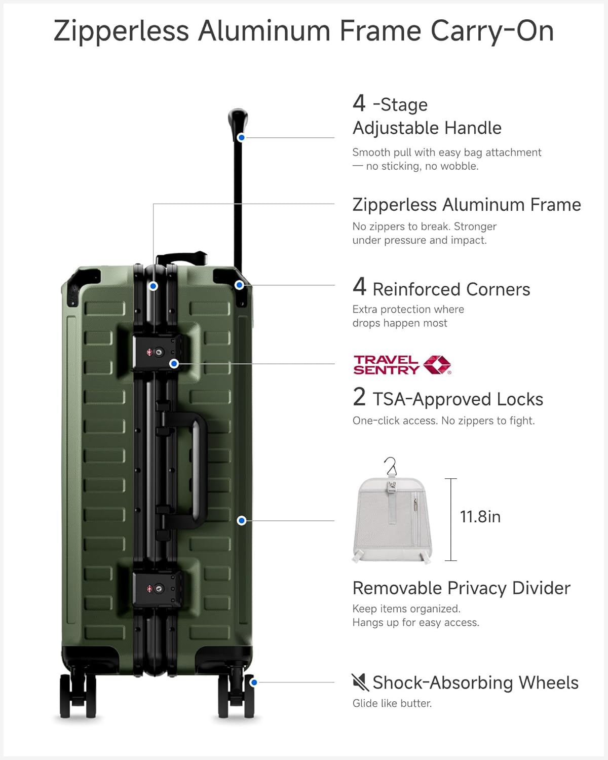 Carry On Luggage with Spinner Wheels, 8010S Aluminum Frame Zipperless Polycarbonate Hard Shell Suitcase (ZX-Core, Charcoal Metallic, 20 Inch)