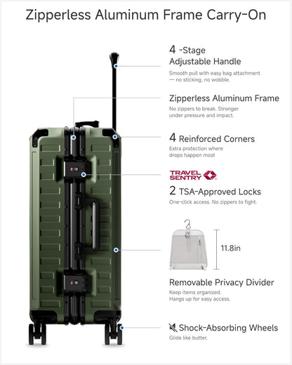 Carry On Luggage with Spinner Wheels, 8010S Aluminum Frame Zipperless Polycarbonate Hard Shell Suitcase (ZX-Core, Charcoal Metallic, 20 Inch)