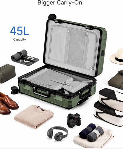 Carry On Luggage with Spinner Wheels, 8010S Aluminum Frame Zipperless Polycarbonate Hard Shell Suitcase (ZX-Core, Charcoal Metallic, 20 Inch)