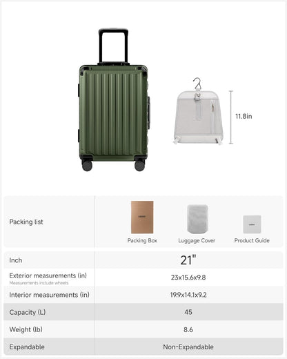 Carry On Luggage with Spinner Wheels, 8010S Aluminum Frame Zipperless Polycarbonate Hard Shell Suitcase (ZX-Core, Charcoal Metallic, 20 Inch)