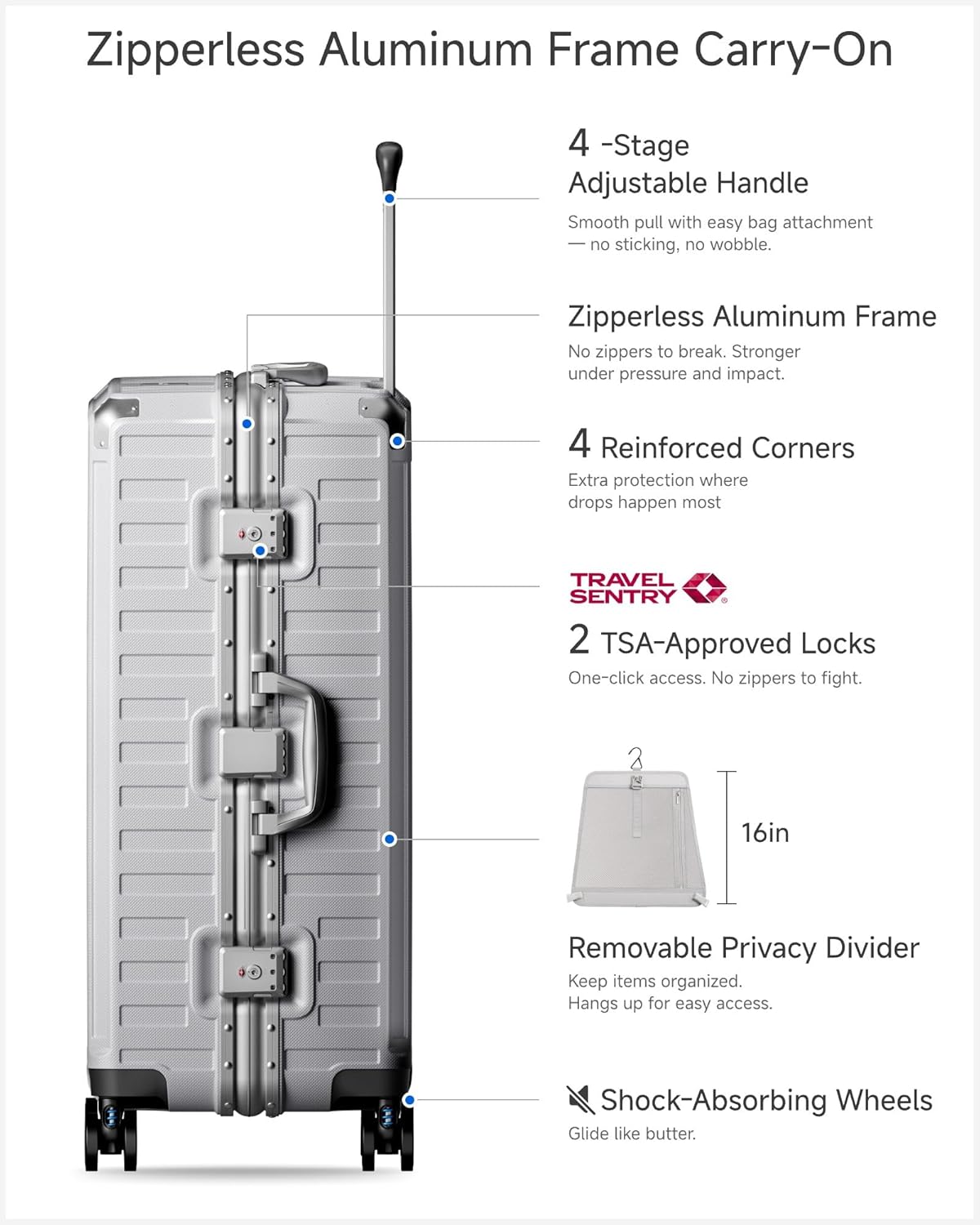 Carry On Luggage with Spinner Wheels, 8010S Aluminum Frame Zipperless Polycarbonate Hard Shell Suitcase (ZX-Core, Charcoal Metallic, 20 Inch)