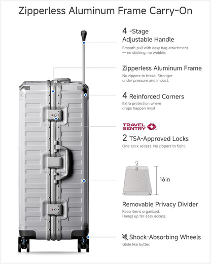 Carry On Luggage with Spinner Wheels, 8010S Aluminum Frame Zipperless Polycarbonate Hard Shell Suitcase (ZX-Core, Charcoal Metallic, 20 Inch)