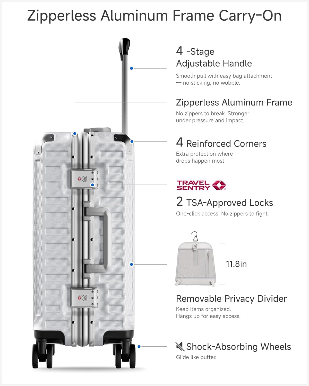 Carry On Luggage with Spinner Wheels, 8010S Aluminum Frame Zipperless Polycarbonate Hard Shell Suitcase (ZX-Core, Charcoal Metallic, 20 Inch)