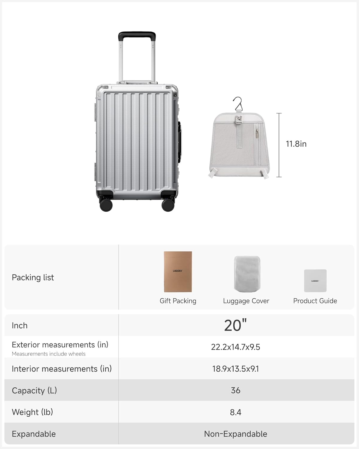 Carry On Luggage with Spinner Wheels, 8010S Aluminum Frame Zipperless Polycarbonate Hard Shell Suitcase (ZX-Core, Charcoal Metallic, 20 Inch)