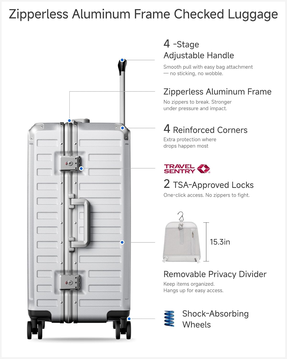 Carry On Luggage with Spinner Wheels, 8010S Aluminum Frame Zipperless Polycarbonate Hard Shell Suitcase (ZX-Core, Charcoal Metallic, 20 Inch)