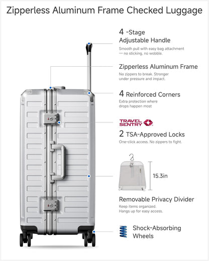 Carry On Luggage with Spinner Wheels, 8010S Aluminum Frame Zipperless Polycarbonate Hard Shell Suitcase (ZX-Core, Charcoal Metallic, 20 Inch)