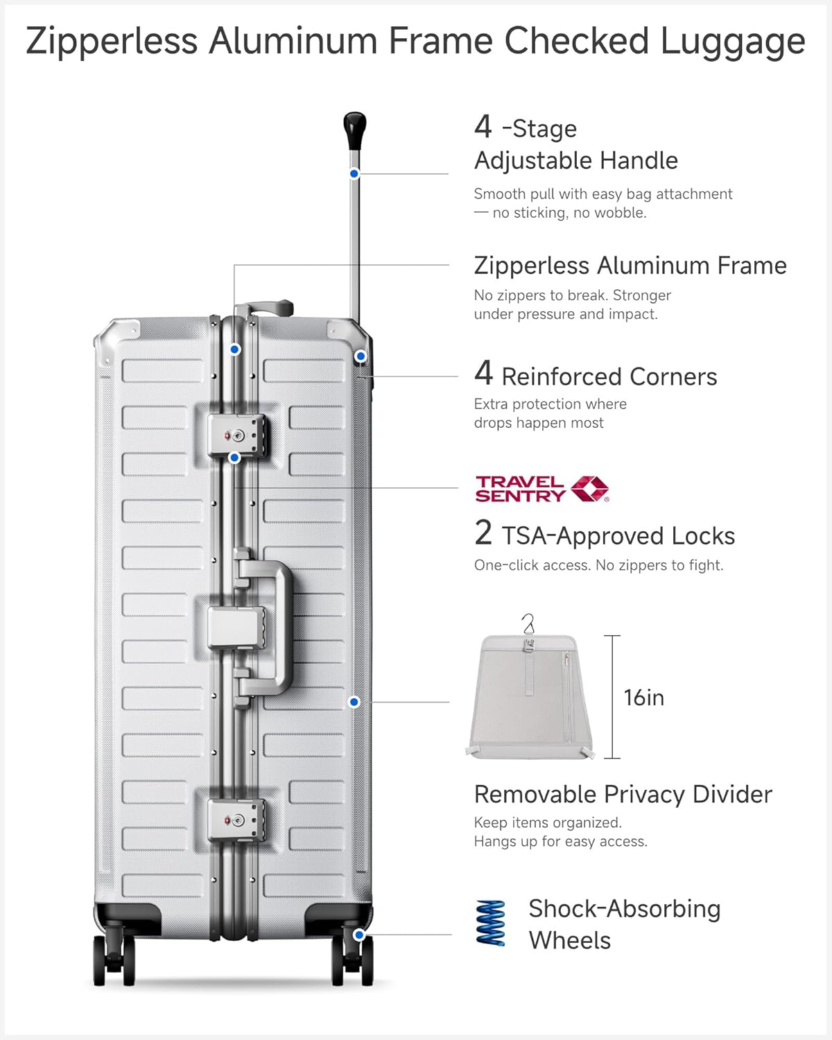 Carry On Luggage with Spinner Wheels, 8010S Aluminum Frame Zipperless Polycarbonate Hard Shell Suitcase (ZX-Core, Charcoal Metallic, 20 Inch)