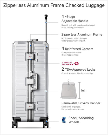 Carry On Luggage with Spinner Wheels, 8010S Aluminum Frame Zipperless Polycarbonate Hard Shell Suitcase (ZX-Core, Charcoal Metallic, 20 Inch)