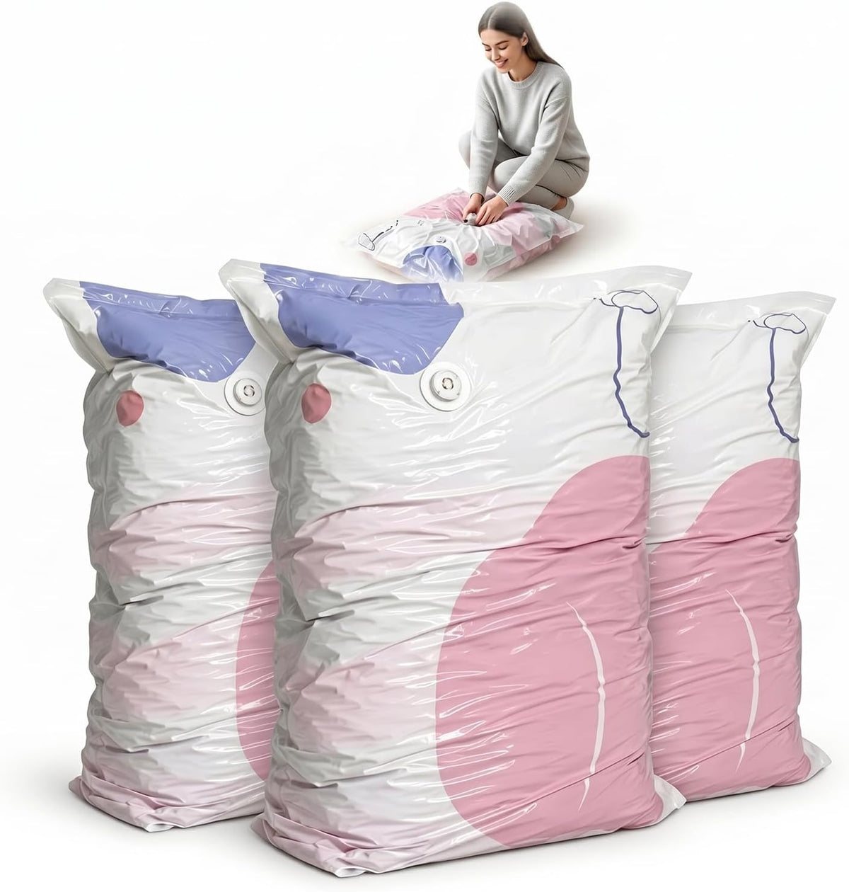 Large Capacity Vacuum Bags No Pump Needed, 3D Vacuum Storage Bags, No Pump Vacuum Storage Bags for Clothes Bedding, Space Saving Compression Bags for Travel Home Organization (3)