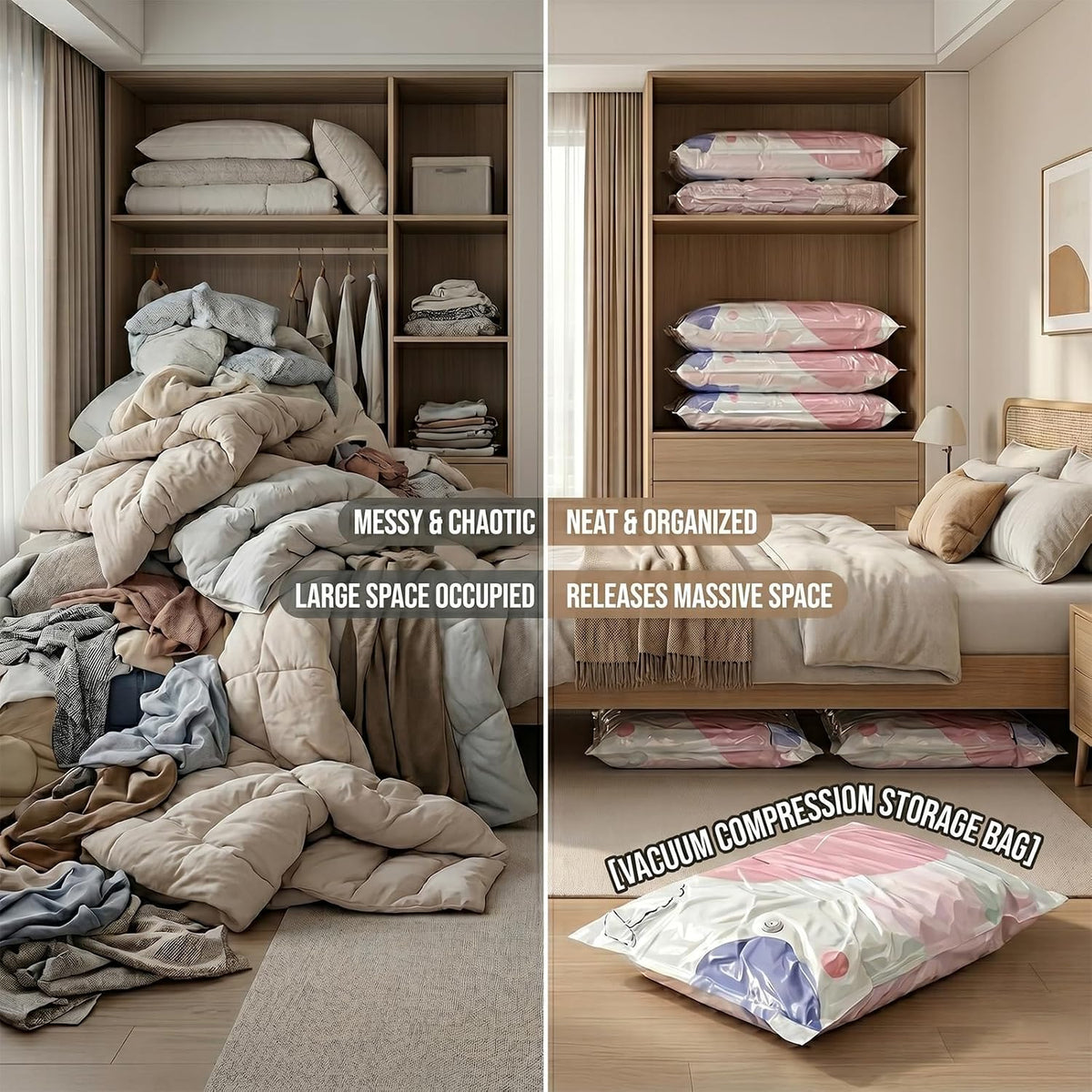 Large Capacity Vacuum Bags No Pump Needed, 3D Vacuum Storage Bags, No Pump Vacuum Storage Bags for Clothes Bedding, Space Saving Compression Bags for Travel Home Organization (3)