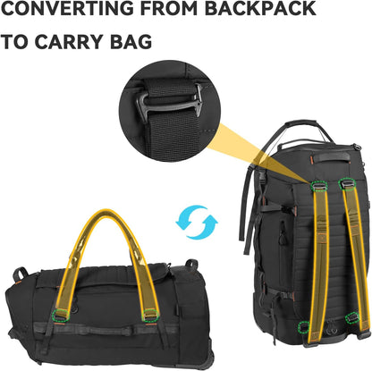 85L 29“ Foldable Rolling Backpack with Wheels, Soft-side Travel Duffle Bag with Separate Shoe Compartment, Full Quilted Bottom, Yellow