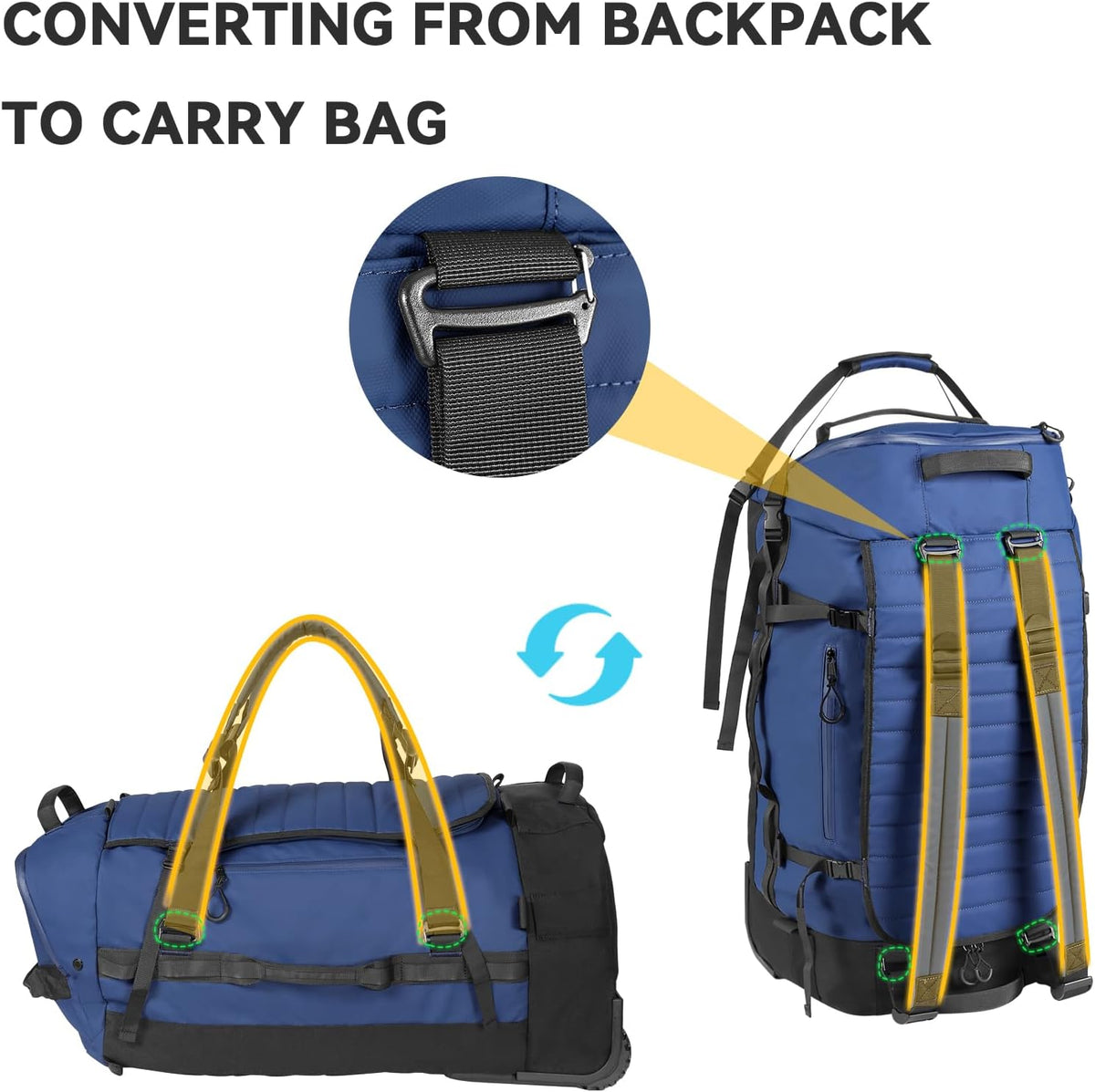 85L 29“ Foldable Rolling Backpack with Wheels, Soft-side Travel Duffle Bag with Separate Shoe Compartment, Full Quilted Bottom, Yellow