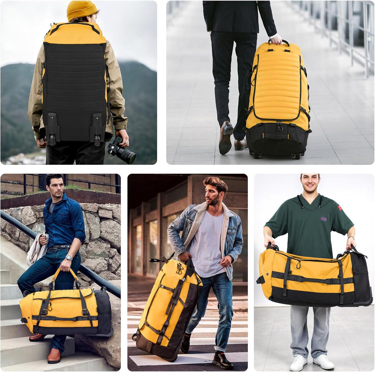 85L 29“ Foldable Rolling Backpack with Wheels, Soft-side Travel Duffle Bag with Separate Shoe Compartment, Full Quilted Bottom, Yellow