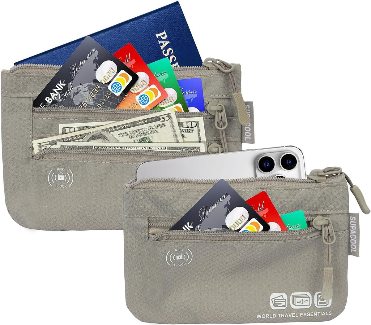 Passport Holder Bag, Travel Wallet for Men Women Family, Passport Pouch, Card Holder Organizer, RFID Blocking, Two-piece Set(Gray)