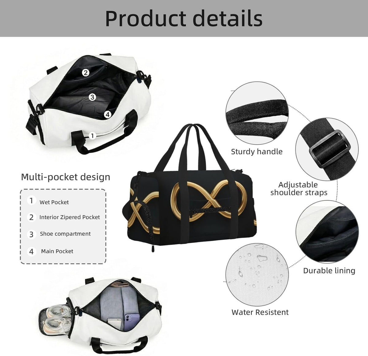 Flat Infinity Sign Duffel Bag with Shoe Compartment-Sports Gym Weekender for Men Women, Waterproof Travel Tote with Wet Pocket for Dirty Shoes