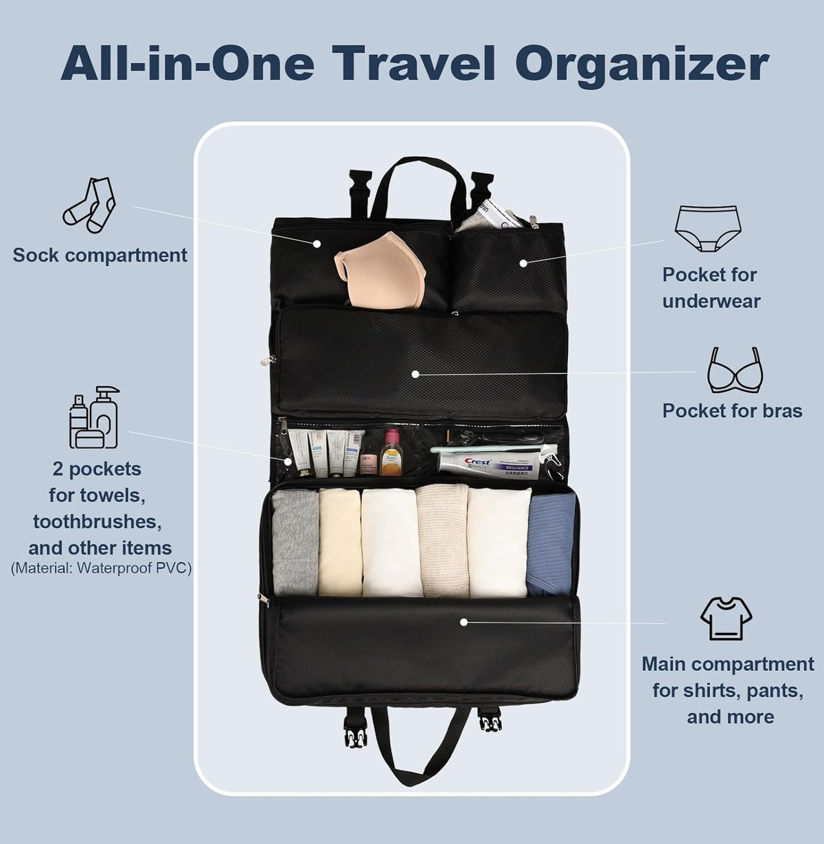 TABITORA Travel Clothes Organizer Portable Hanging Compression Packing Cubes Camp Organizer Travel Cases Suitcase Storage Large Capacity Carry On Closet (Grey)