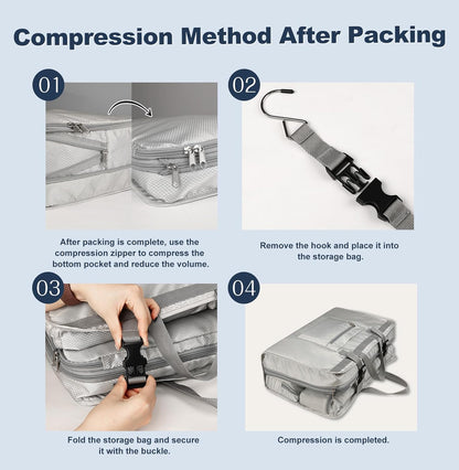 TABITORA Travel Clothes Organizer Portable Hanging Compression Packing Cubes Camp Organizer Travel Cases Suitcase Storage Large Capacity Carry On Closet (Grey)
