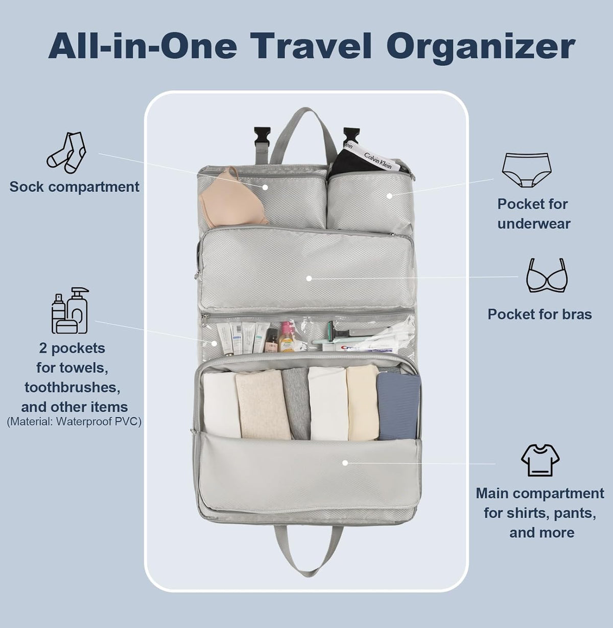 TABITORA Travel Clothes Organizer Portable Hanging Compression Packing Cubes Camp Organizer Travel Cases Suitcase Storage Large Capacity Carry On Closet (Grey)
